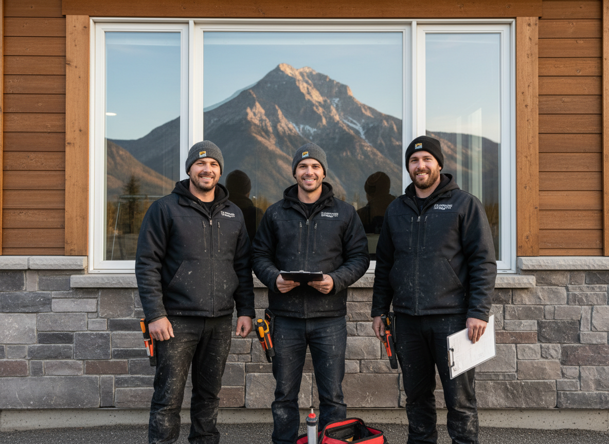 Windows Canmore install crew in front of a recently completed Bow Valley window project