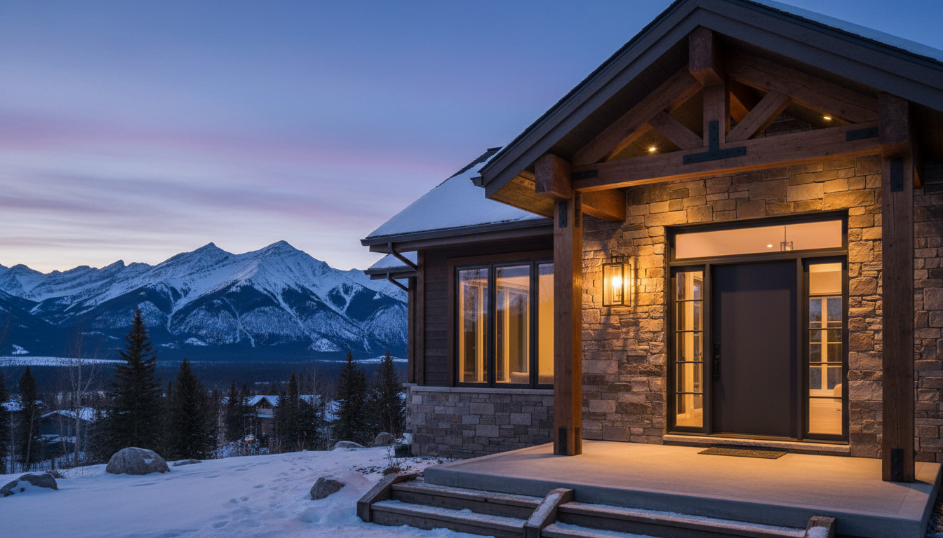 Canmore mountain home exterior at twilight with new windows and doors